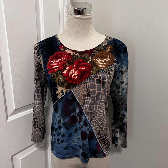 Y2K CAIA PATCHWORK MIXED PRINT FLORAL 3/4 SLEEVE‎ TOP - Picture 1 of 7